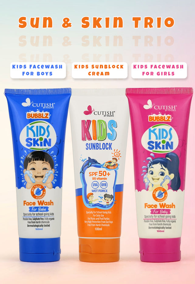 (Sun & Skin Trio) 1 x Boys Facewash , 1 x Girls Facewash , 1 x Sunblock Cream