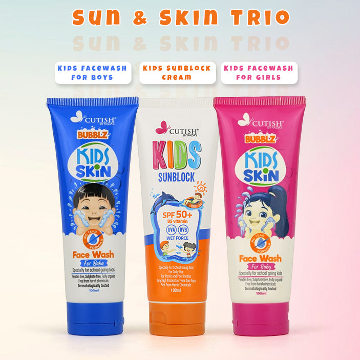 (Sun & Skin Trio) 1 x Boys Facewash , 1 x Girls Facewash , 1 x Sunblock Cream