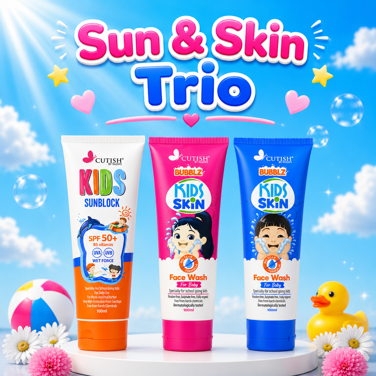 (Sun & Skin Trio) 1 x Boys Facewash , 1 x Girls Facewash , 1 x Sunblock Cream